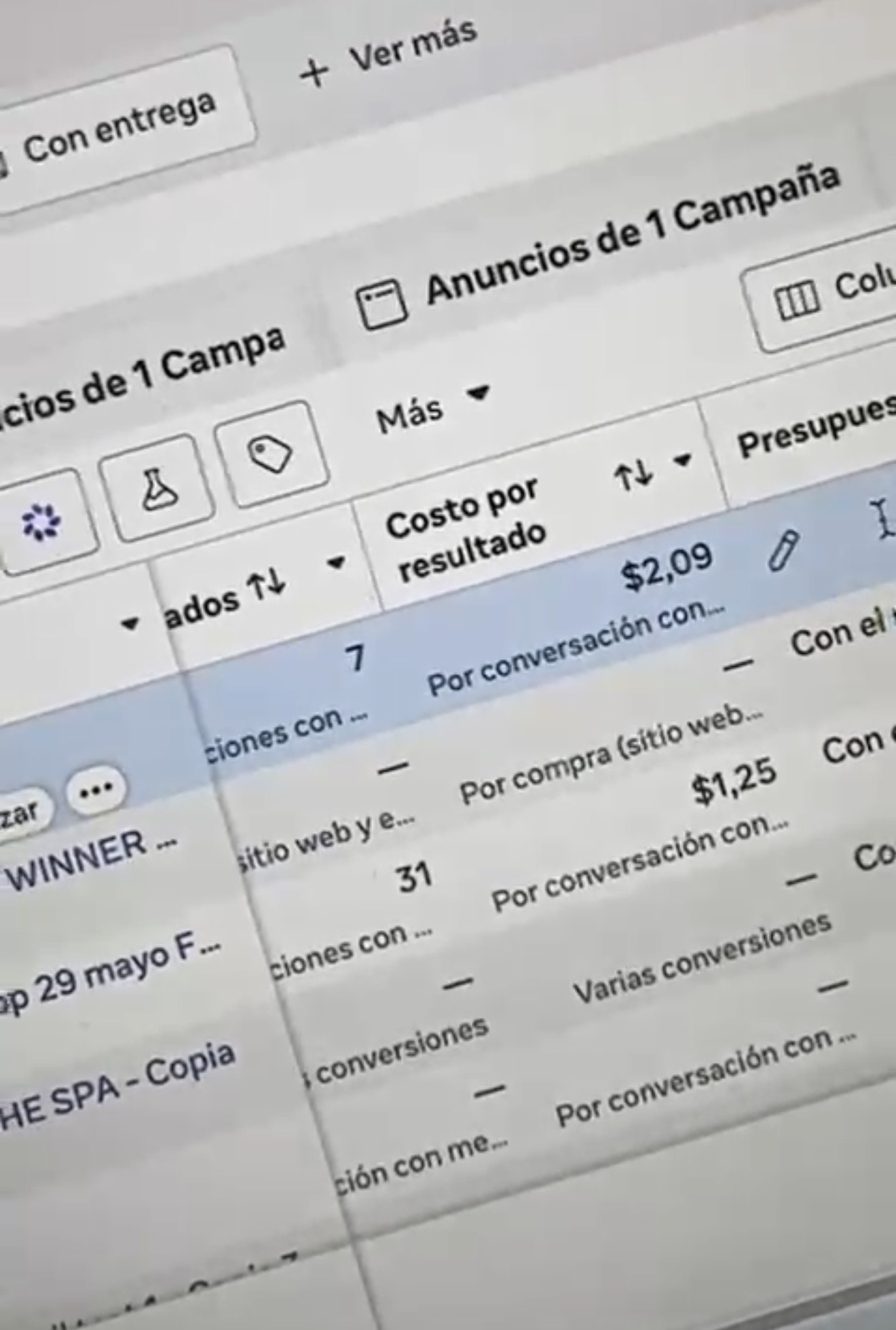 Ads Manager — Costo por resultado